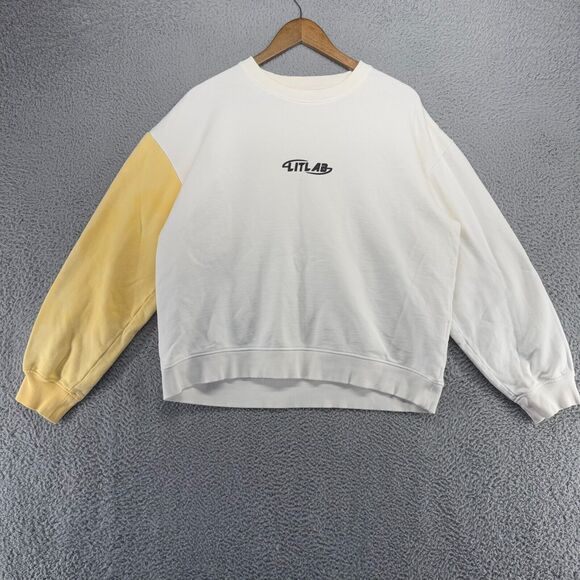 Pokemon Sweatshirt Adult Large White Yellow Pikachu Patch Boxy Spellout Litlab - Picture 1 of 11